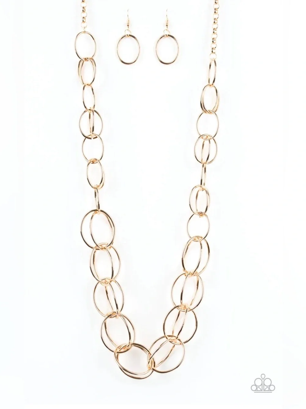 Paparazzi Shiny Gold Linked Oval Necklace and Hoop Earring Set